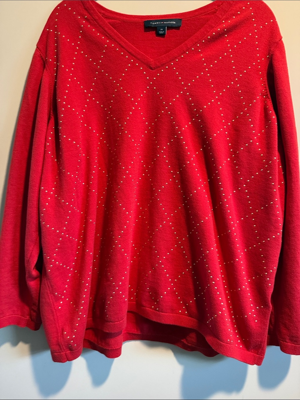 Tommy Hilfiger Red V-Neck Sweater with Studded Diamond Pattern
